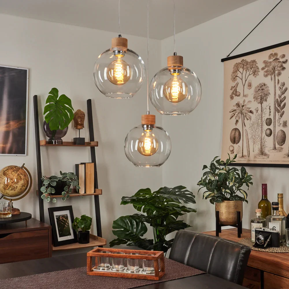 Rustic Clear Glass Globe Pendant Light Trio with Wood Accents