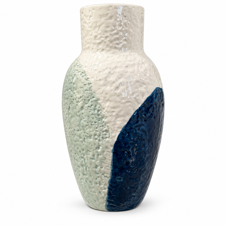 Textured Ceramic Vase with Blue and Sage Green Accents