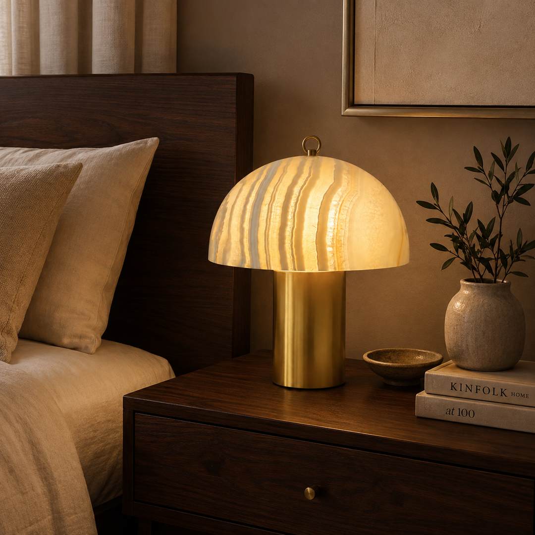 Modern Marble Glass Mushroom Table Lamp with Brass Base