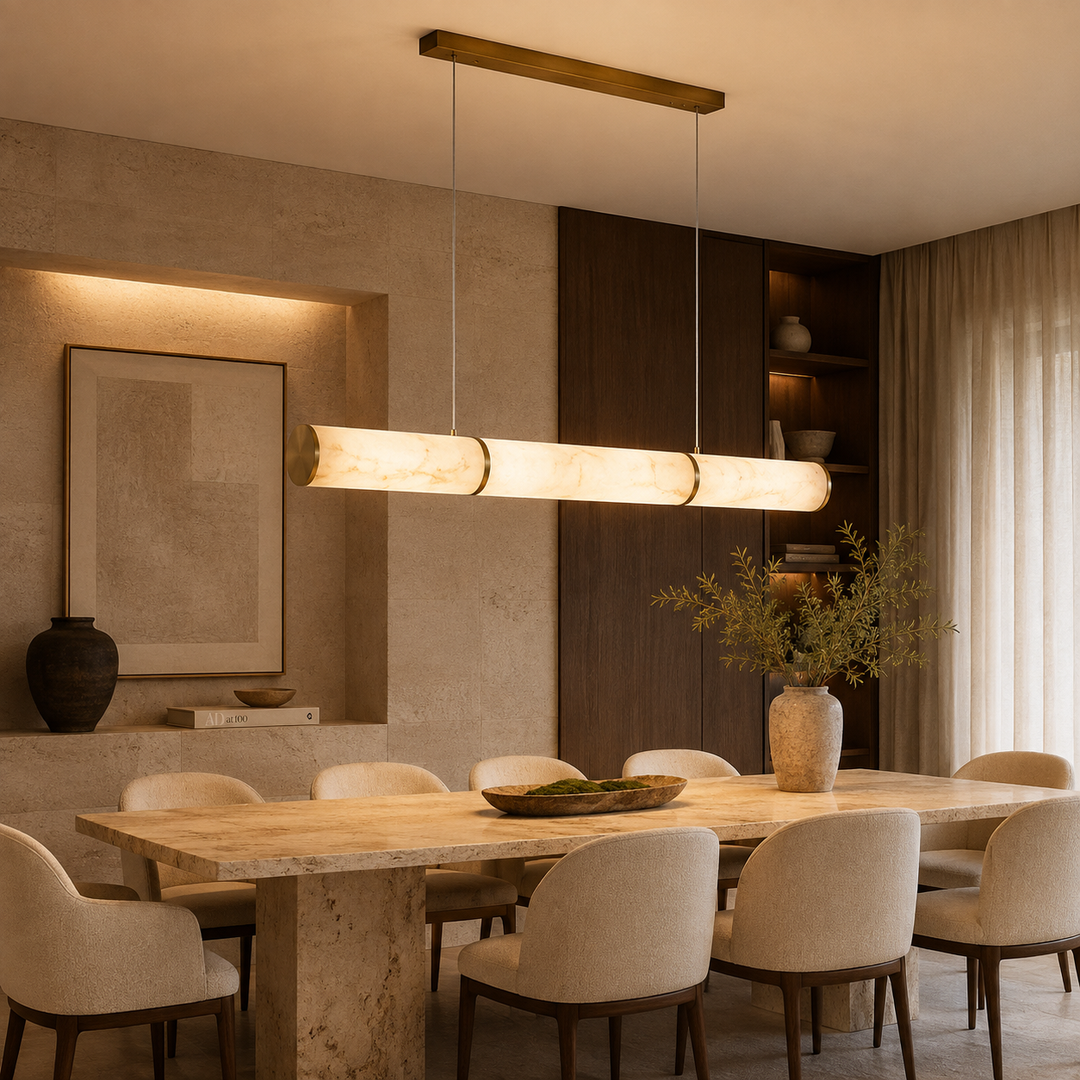 Modern Triple Marble Tube LED Pendant Light with Brass Accents
