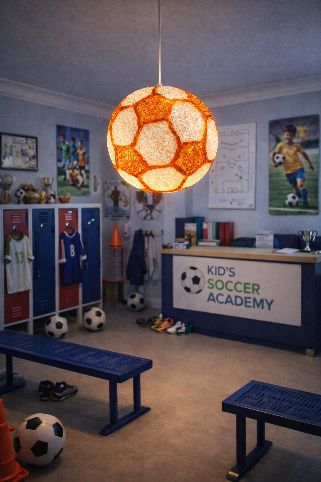 Soccer Football pendant light with textured clear glass and warm amber glow