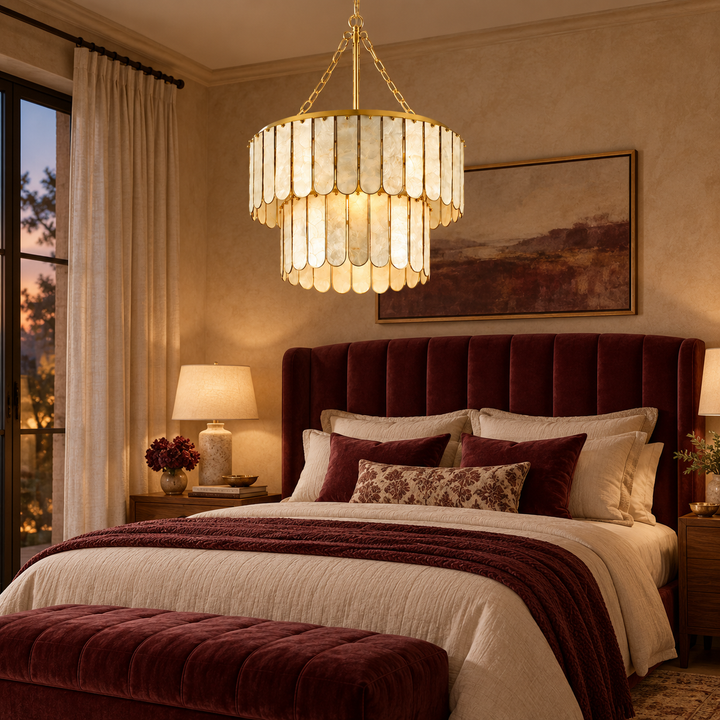 White Shell Panel Gold Drum Chandelier