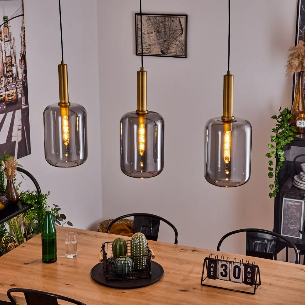 Elegant Smoked Glass Pendant Light Set with Gold Accents