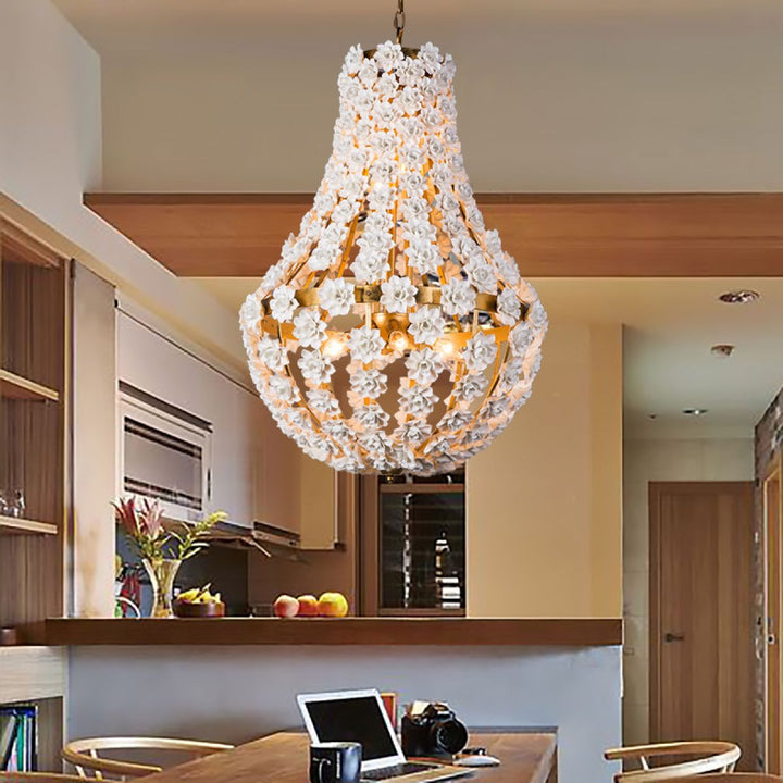 White Floral Ceramic Gold-Accent Chandelier