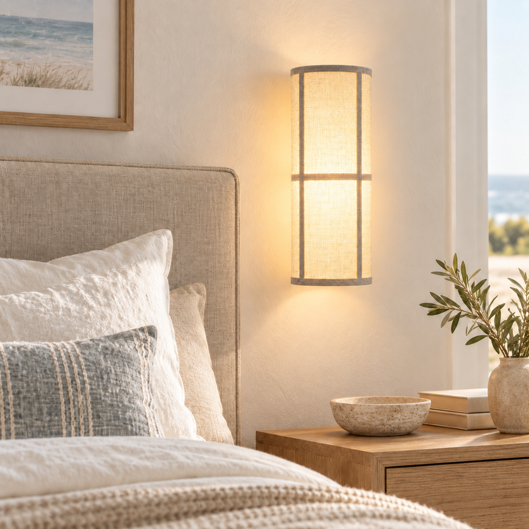 Modern Beige Fabric Wall Sconce with Cylindrical Shade