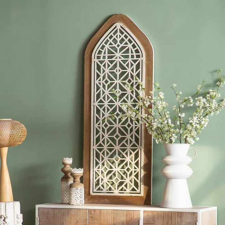 Arched Wooden Wall Panel with Diamond Geometric Design