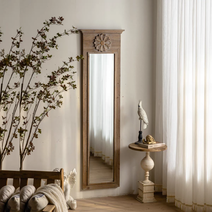 Tall Wooden Wall Mirror with Floral Accent