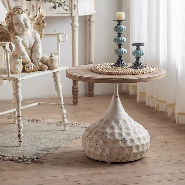 Round Rustic Side Table with Textured Base