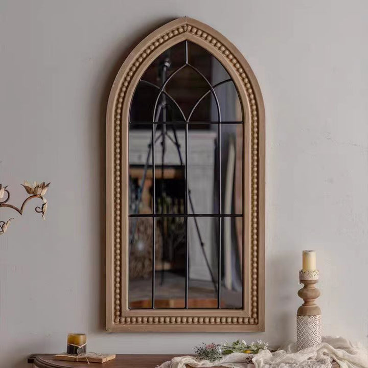 Arched Wooden Wall Mirror with Beaded Frame