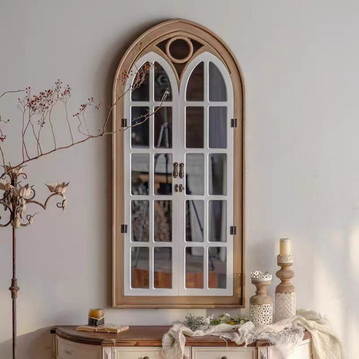 Arched Wooden Wall Mirror with Decorative Doors