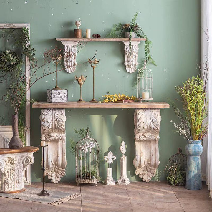 Rustic Wooden Console with Ornate Corbel Brackets