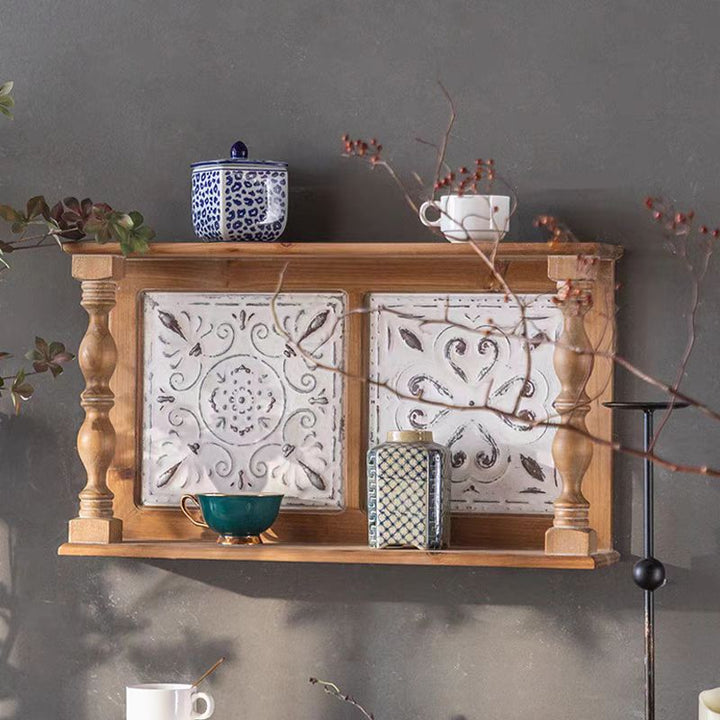 Rustic Wooden Wall Shelf with Decorative Tile Panels