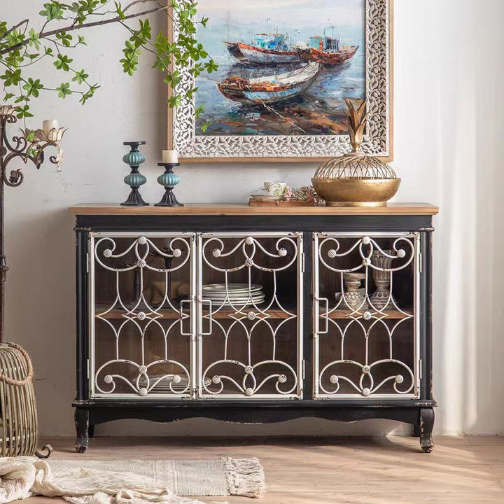 Vintage Black Wooden Cabinet with Decorative Metal Doors