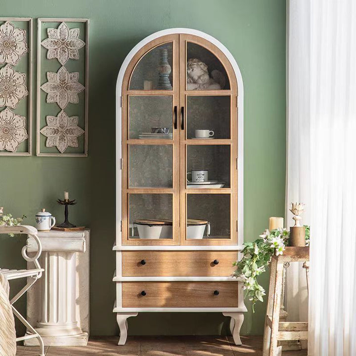 Arched Wooden Cabinet with Glass Doors and Drawers