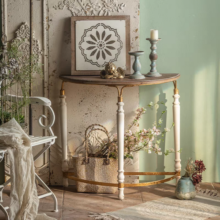 Classic Half-Moon Wooden Console Table with White Legs and Gold Accents