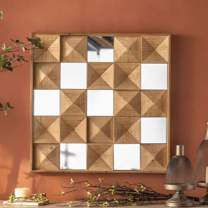 Geometric Wooden Wall Mirror with Carved Design