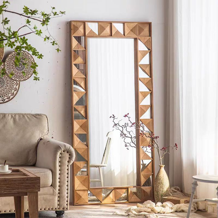 Geometric Wooden Full-Length Mirror with Carved Design