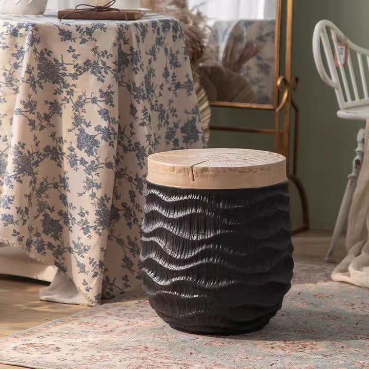 Rustic Wooden Stool with Textured Black Base