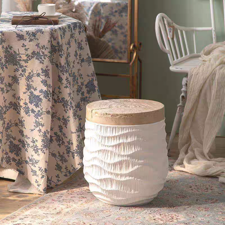 Rustic Wooden Stool with Textured White Base