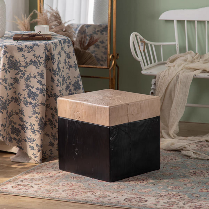 Natural & Black Wooden Block Stool