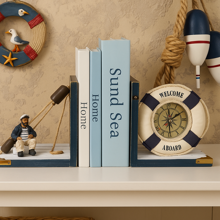 Nautical Bookends Decor Set with clock