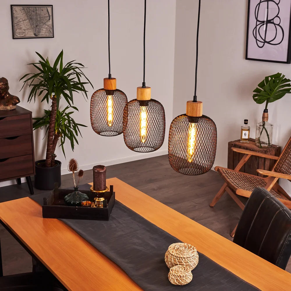 Industrial Mesh Pendant Light with Wooden Accent