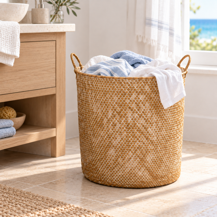 Round tan woven laundry basket with loop handles holding folded and draped laundry beside a bathroom vanity