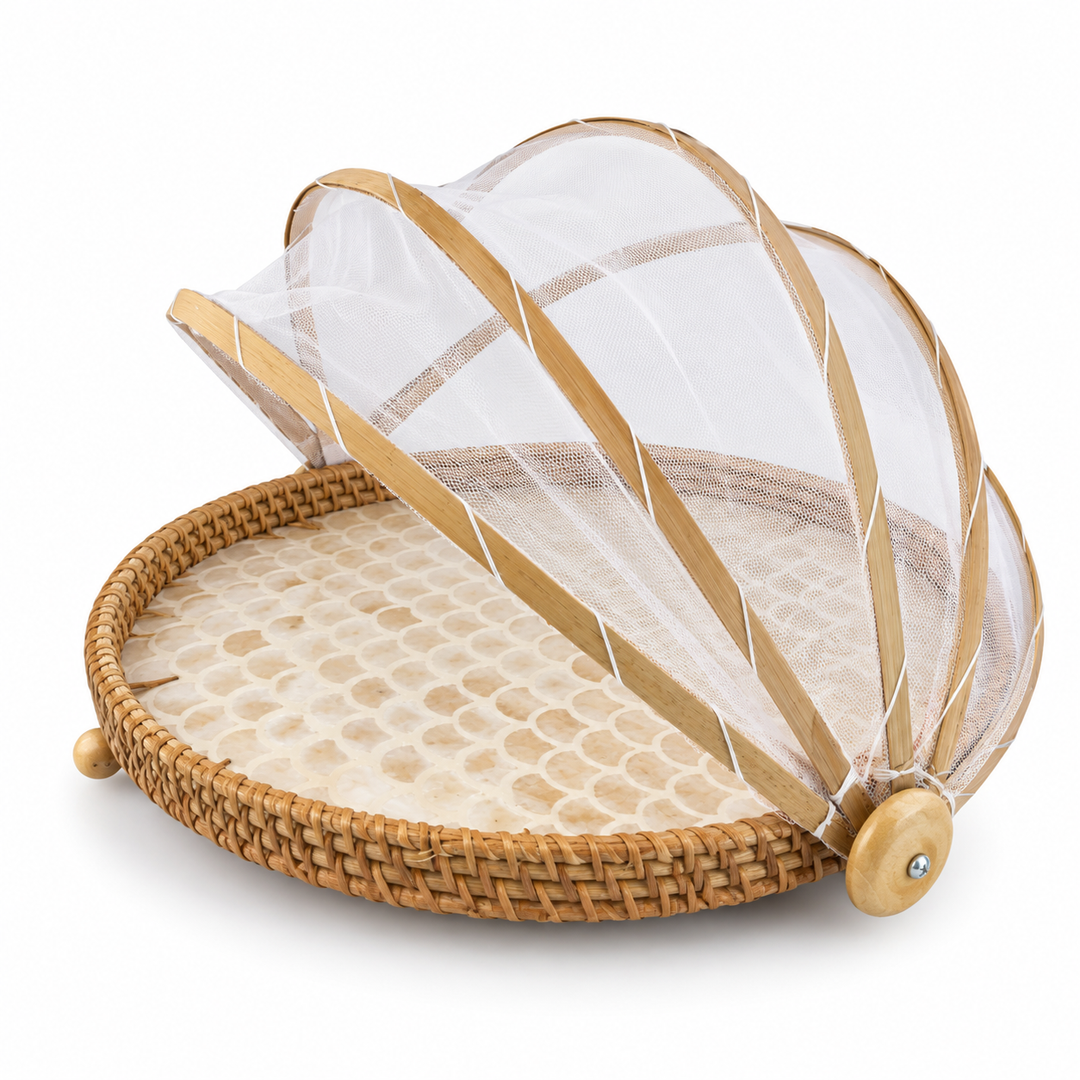 Natural rattan serving tray with hinged mesh food cover and cream patterned base