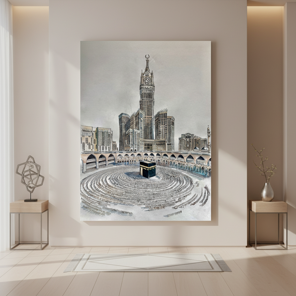 Kaaba Mecca Islamic canvas wall art showing Holy Kaaba and Abraj Al Bait clock tower with worshippers in Masjid al-Haram