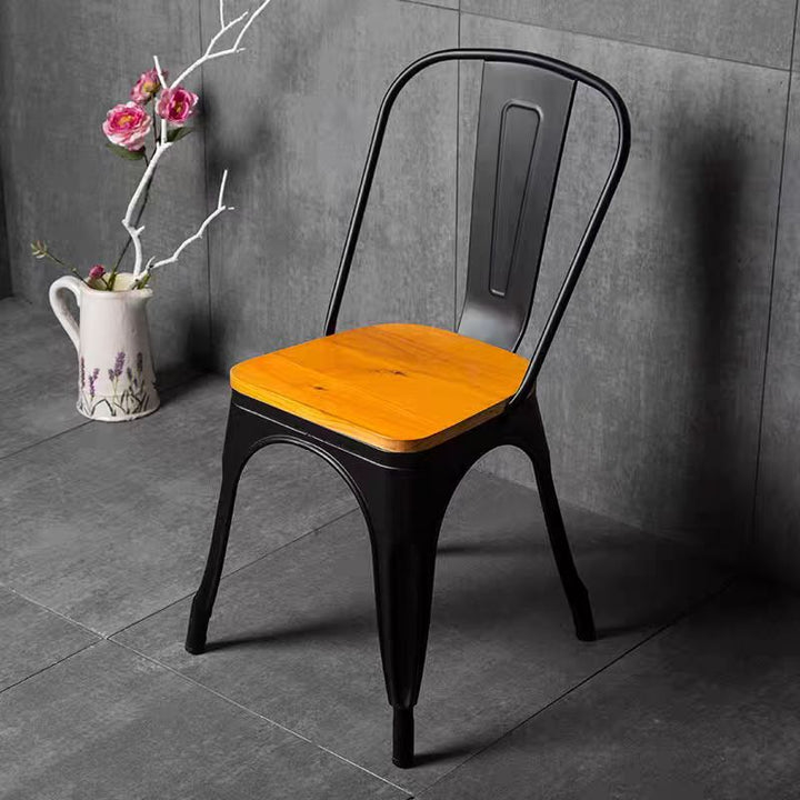 Industrial Black Metal Chair with Wooden Seat