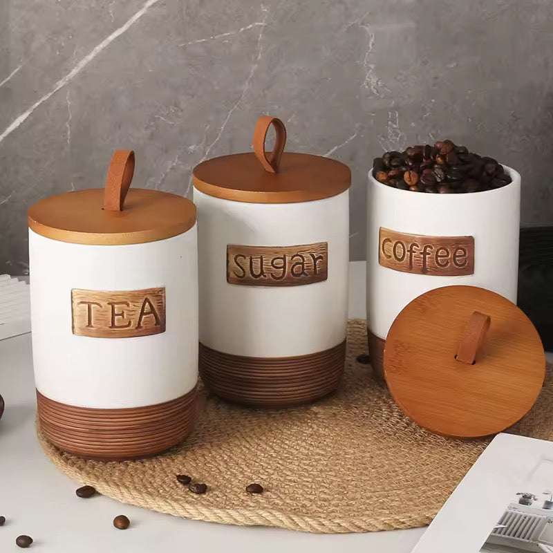 Modern ceramic tea coffee sugar jar set with bamboo lids on wooden tray
