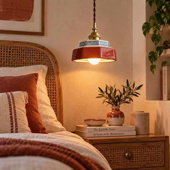 Vintage Red Enamel Pendant Light with Brass Fittings – 15 cm