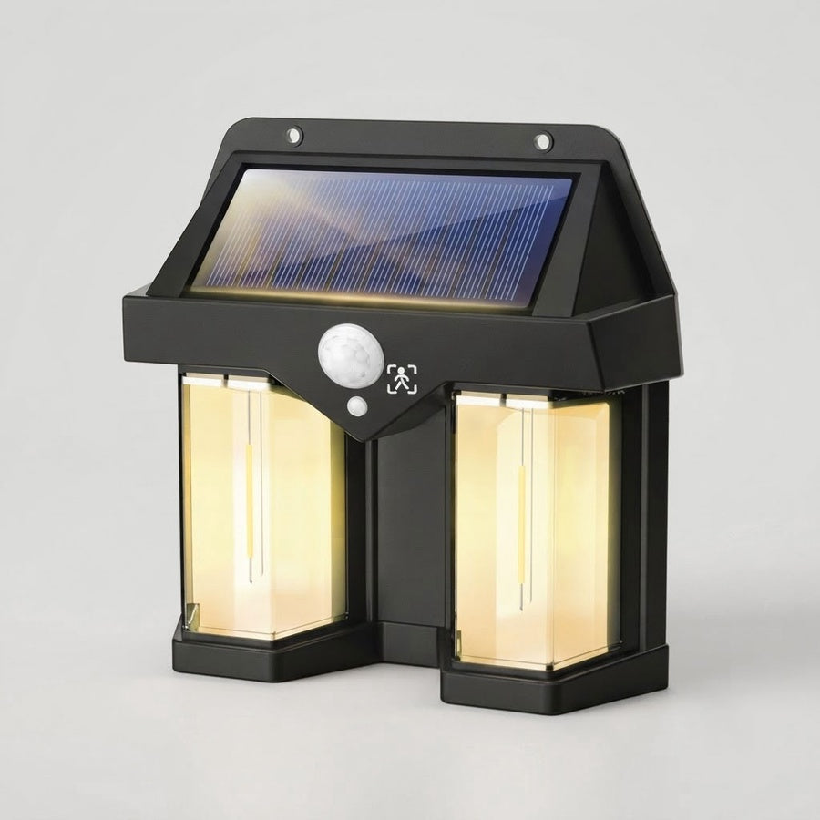 Black outdoor wall light with solar panel, motion sensor, and two illuminated panels