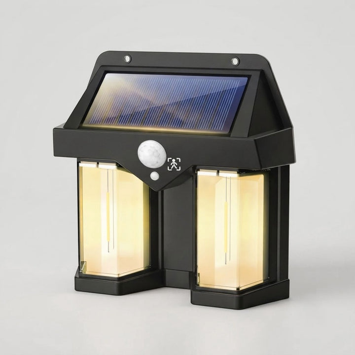 Black outdoor wall light with solar panel, motion sensor, and two illuminated panels