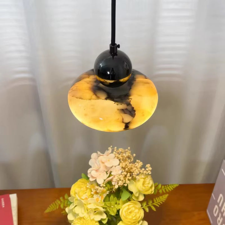 Amber Alabaster and Black Globe Pendant Light