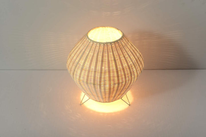 Rustic Woven bamboo Table Lamp with Ambient Light Pattern Effect