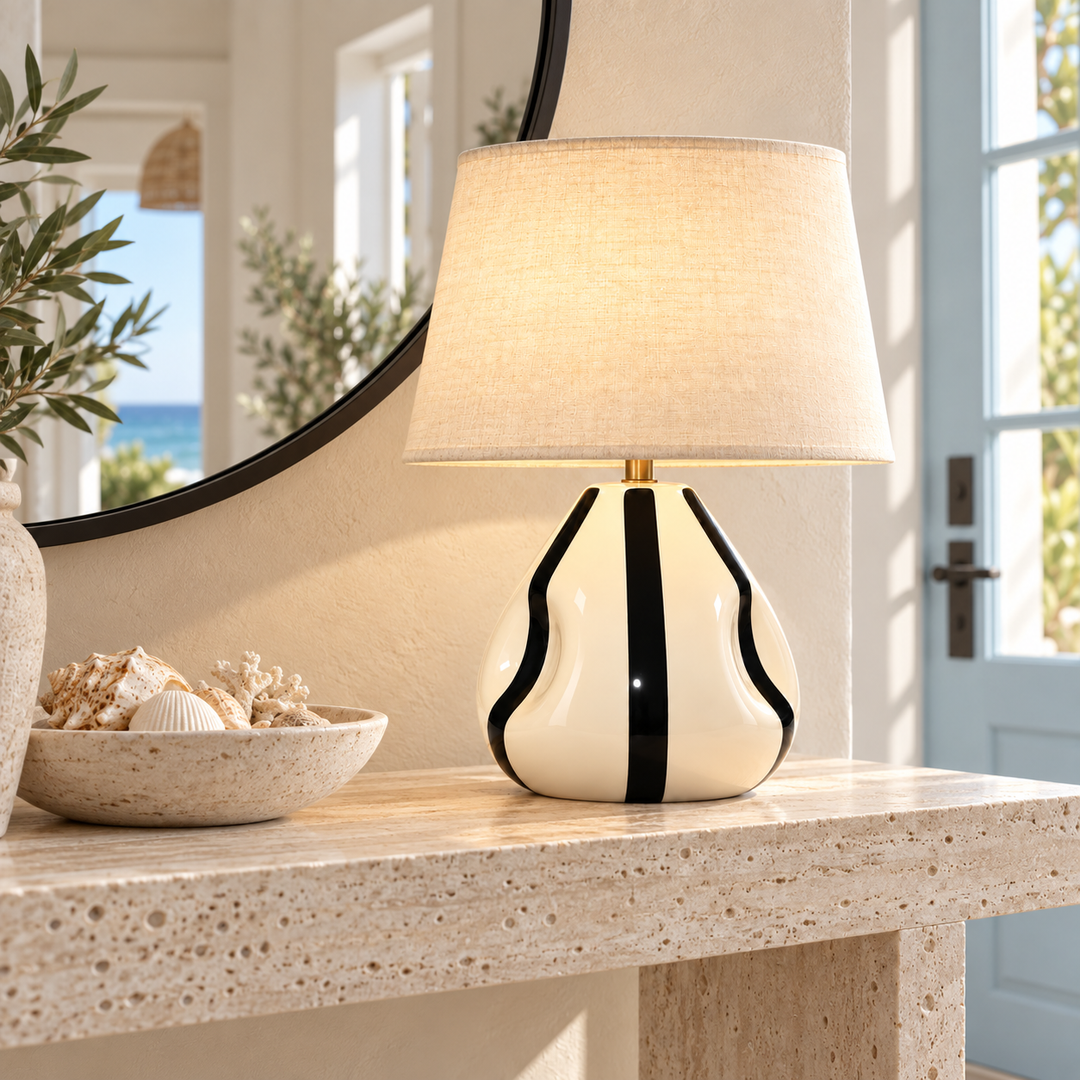 Cream and Black Striped Ceramic Table Lamp