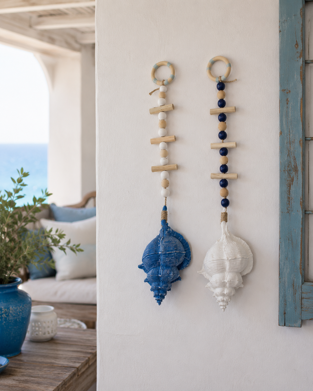Coastal Hanging Seashell Wall Decor with Wooden Beads set of 2