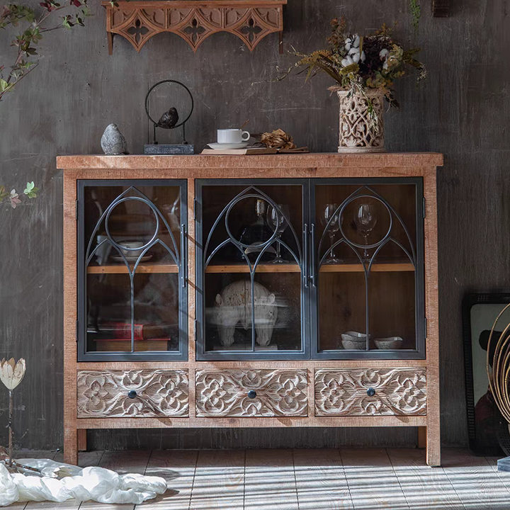 Rustic Wooden Cabinet with Glass Doors and Metal Accents