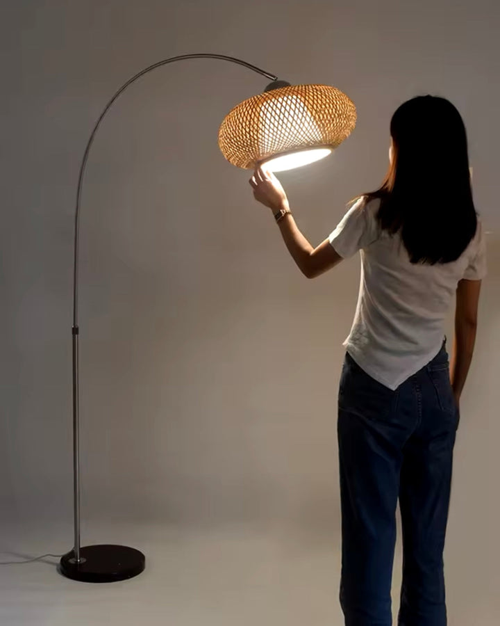 Modern Arc Floor Lamp with Woven Rattan Shade