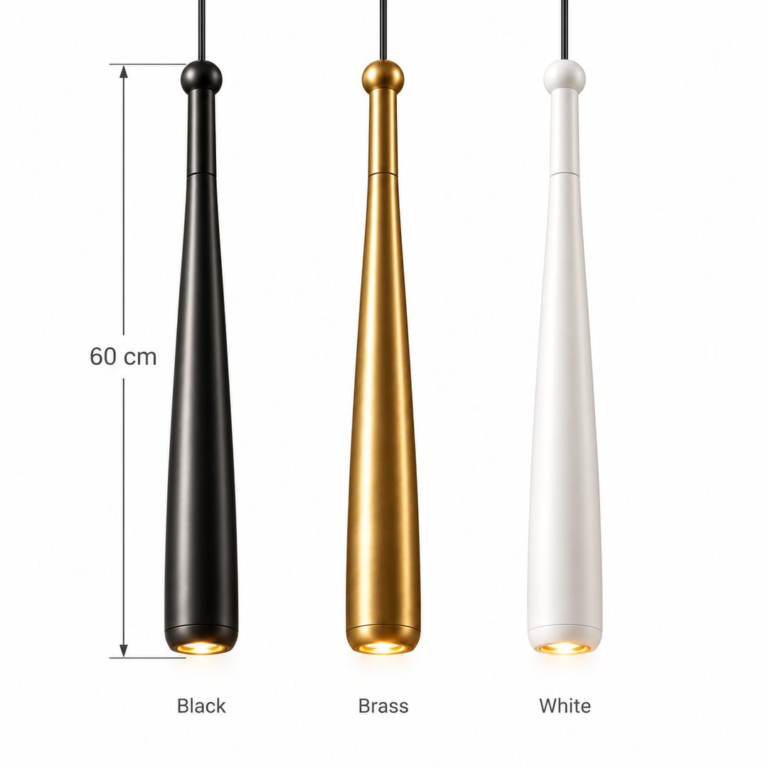 Slim black cone-shaped pendant light hanging from the ceiling, also shown in brass and white finishes