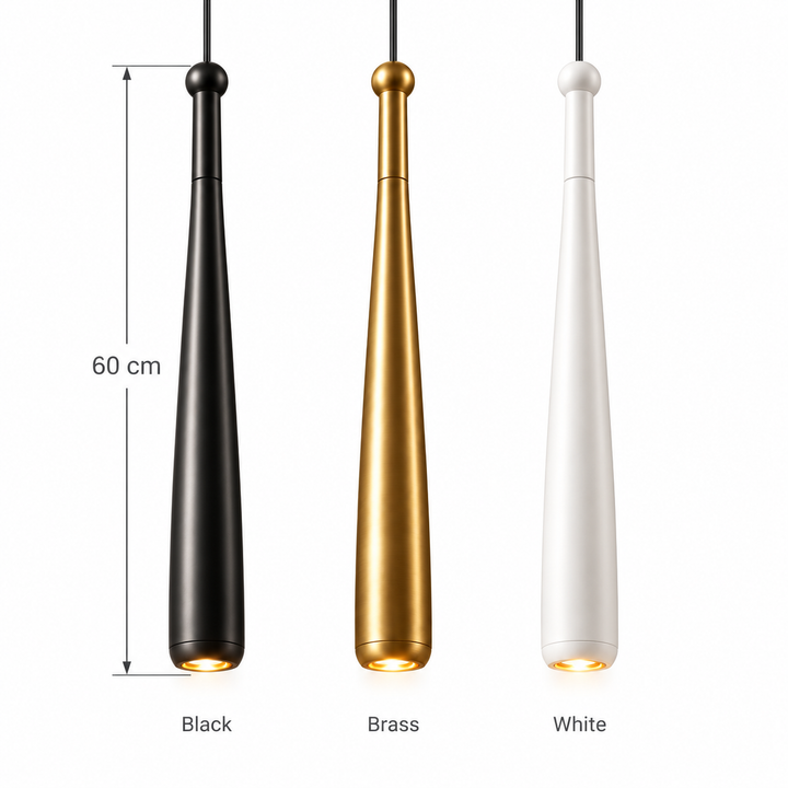 Slim black cone-shaped pendant light hanging from the ceiling, also shown in brass and white finishes