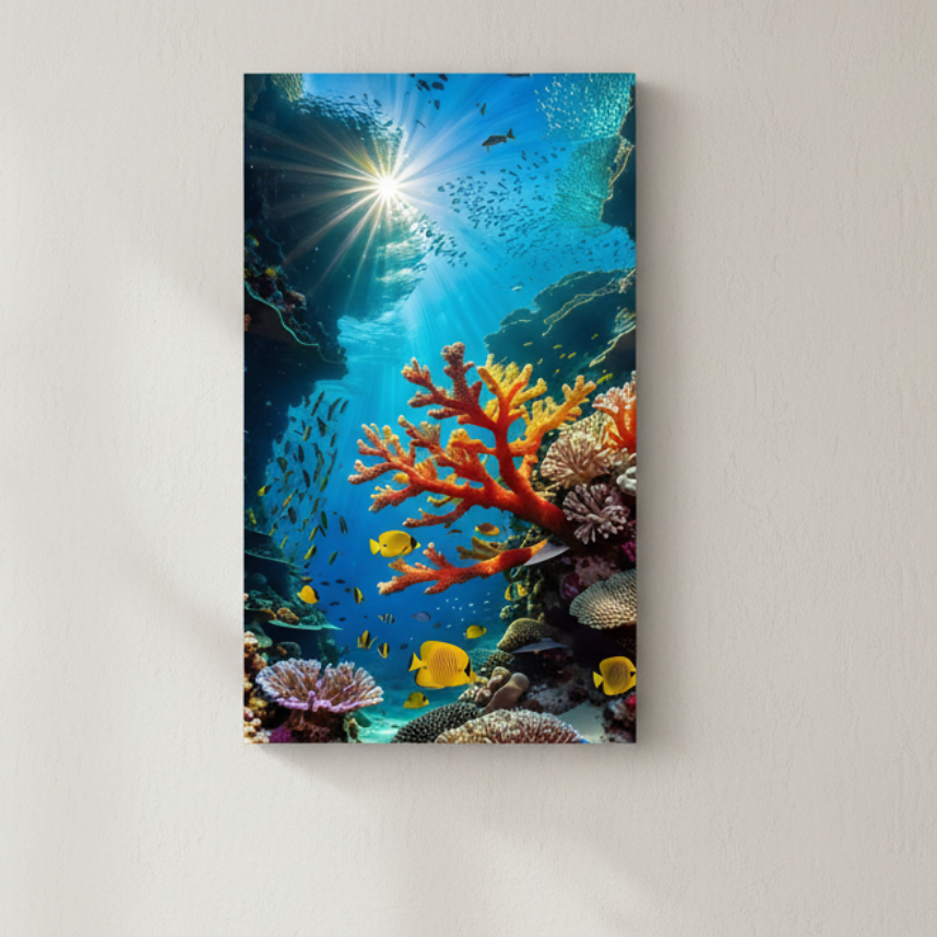 Colorful ocean animals canvas wall art featuring sea turtle, fish, jellyfish, coral, and octopus in vibrant underwater scene