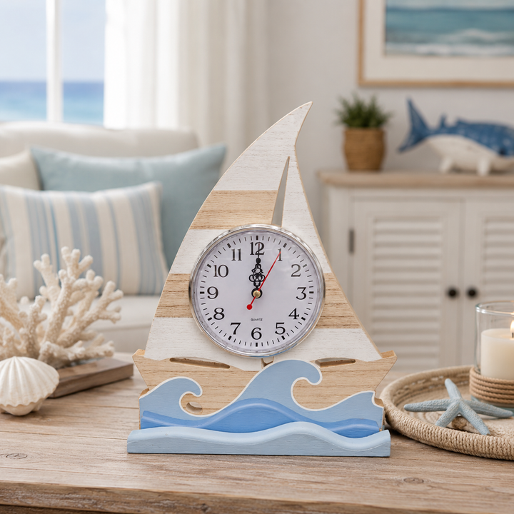 Coastal Sailboat Wooden Table Clock