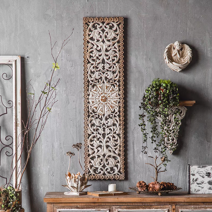 Rustic Carved Wooden Wall Panel Decor