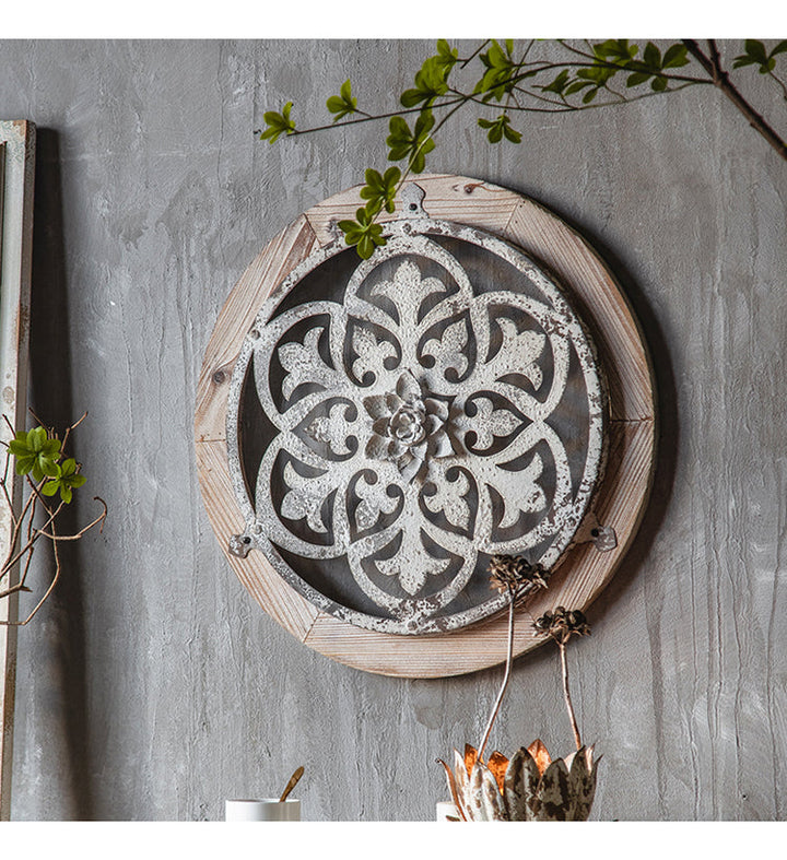 Vintage Rustic Round Wall Art with Floral Metal Accent