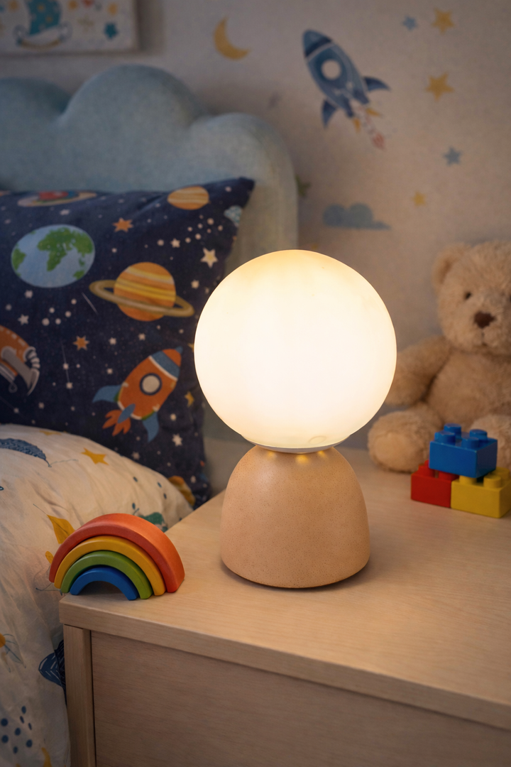 Kids globe bedside lamp with soft glowing light and rounded textured base for children's rooms