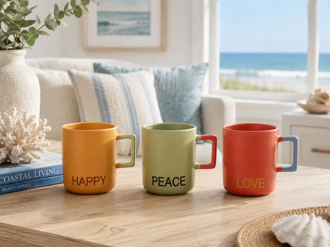 "Happy, Peace, Love" Inspirational Ceramic Mug Set of 3