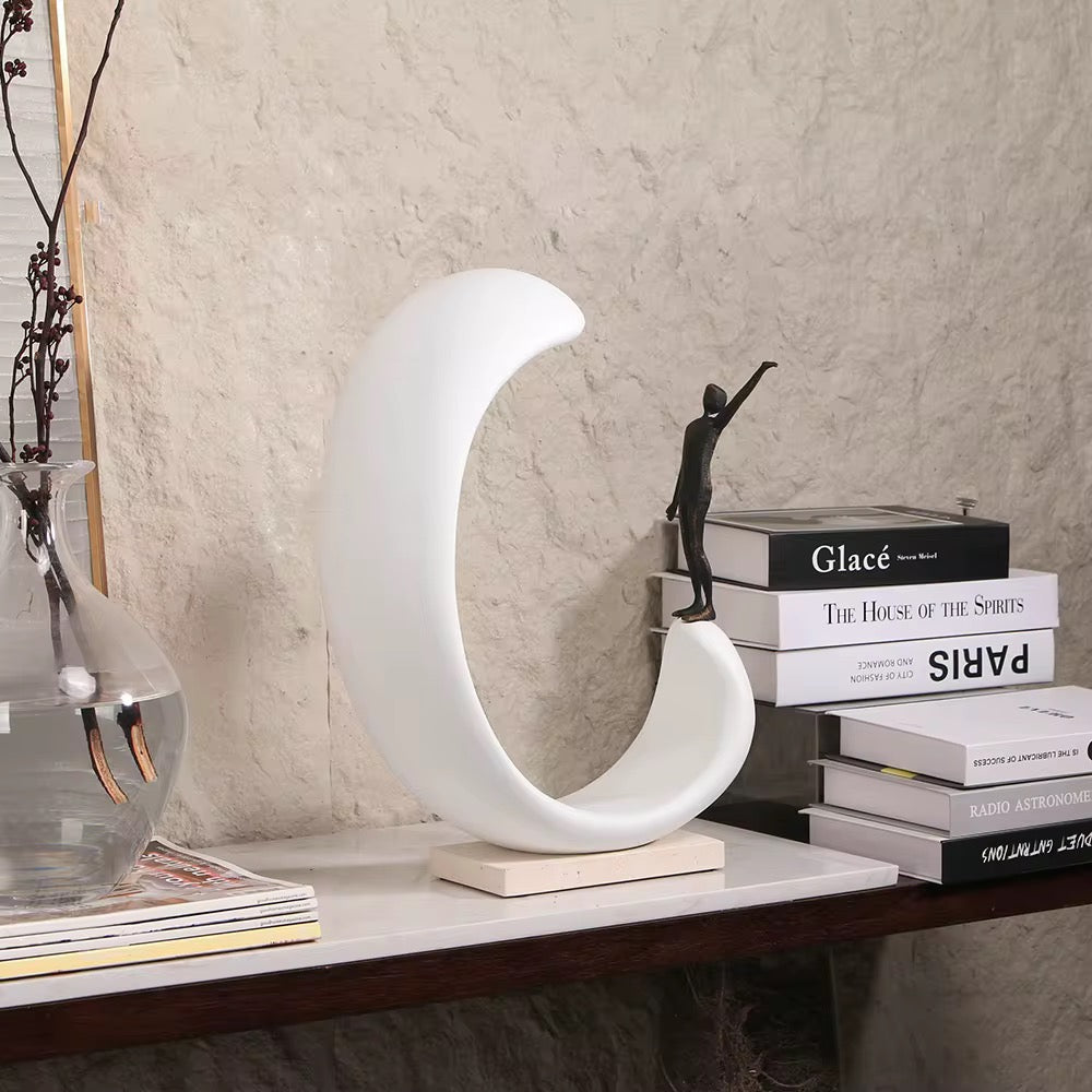 Modern Crescent Sculpture with Figurine