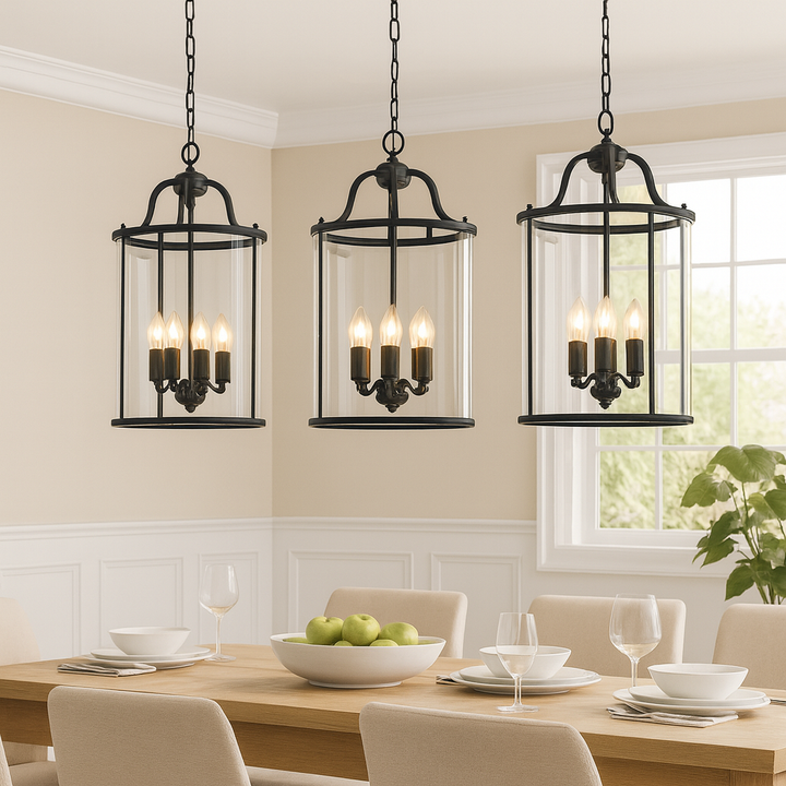 Brass or Black Glass Pendant Chandelier